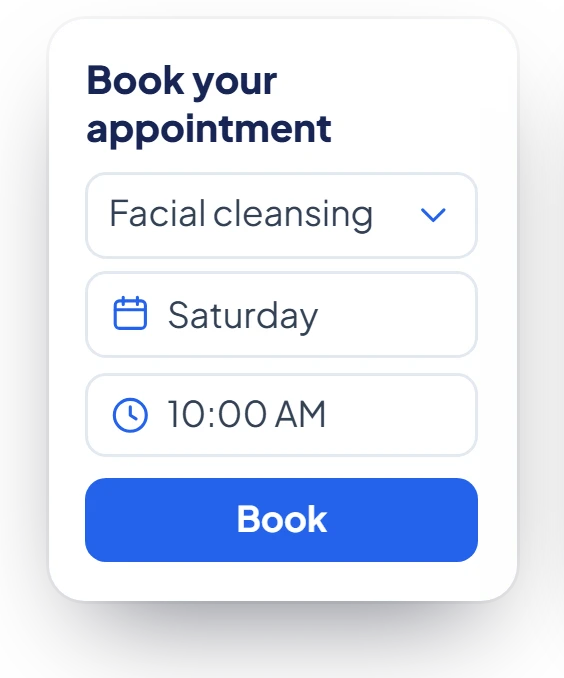 Booking form on the website: facial cleansing, Saturday, 10:00 AM.