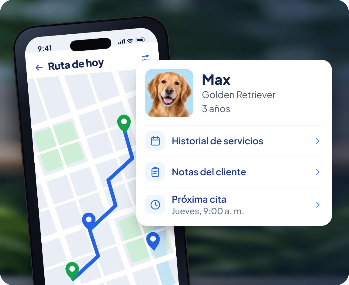 Prototipo conceptual de una app de grooming: la ruta del día en un mapa y el perfil de Max, un golden retriever.