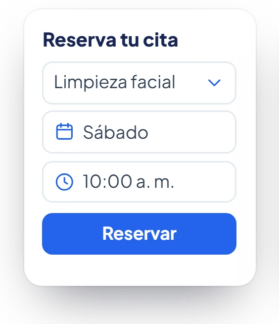 Formulario de reserva en la web: limpieza facial, sábado, 10:00 a. m.